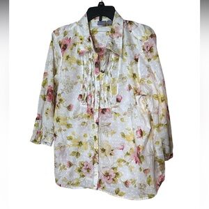 Laura Scott VTG Floral Ruffle Button Top Blouse - Size XL